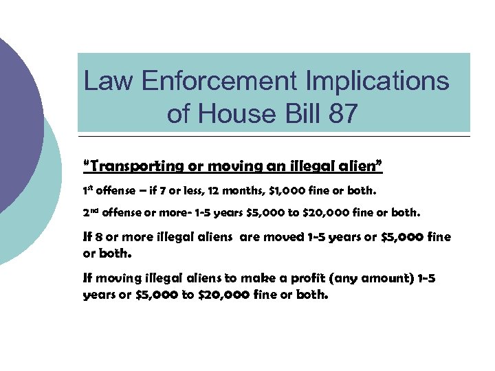 Law Enforcement Implications of House Bill 87 “Transporting or moving an illegal alien” 1
