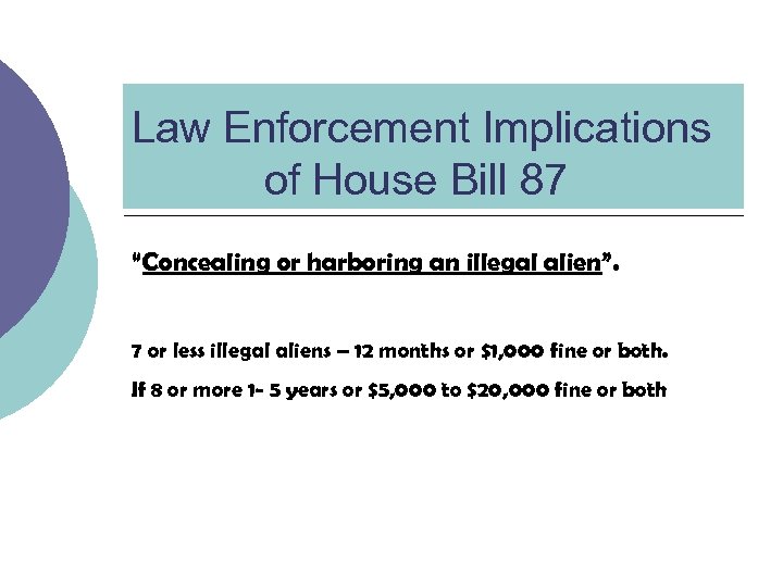 Law Enforcement Implications of House Bill 87 “Concealing or harboring an illegal alien”. 7