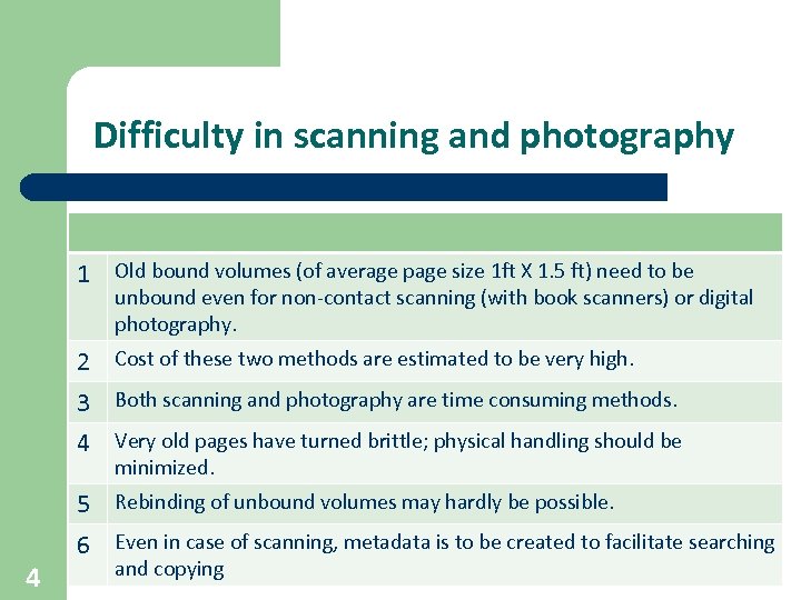 Difficulty in scanning and photography 1 Old bound volumes (of average page size 1