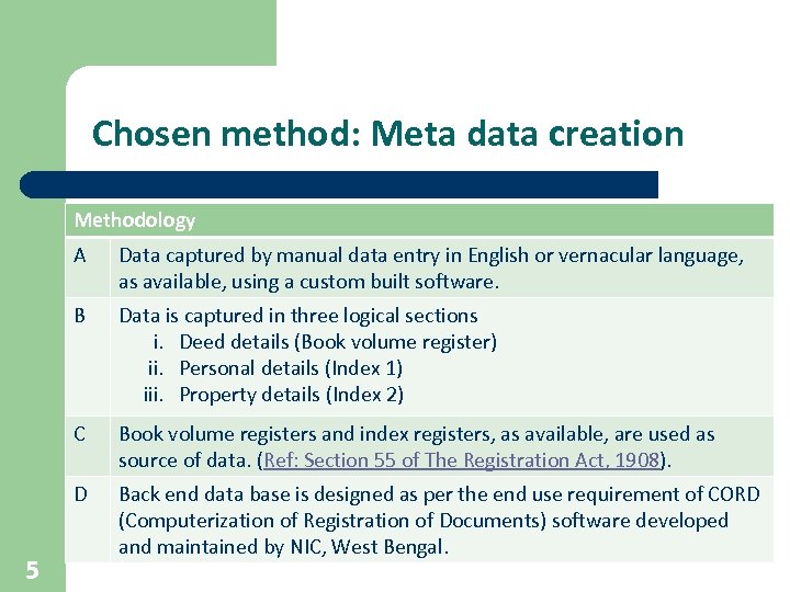 Chosen method: Meta data creation Methodology A B Data is captured in three logical