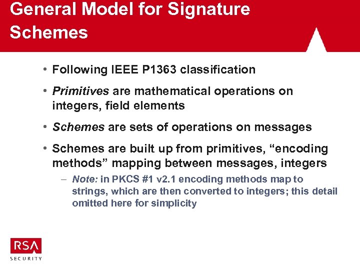General Model for Signature Schemes • Following IEEE P 1363 classification • Primitives are