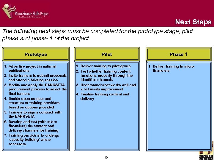 Next Steps The following next steps must be completed for the prototype stage, pilot