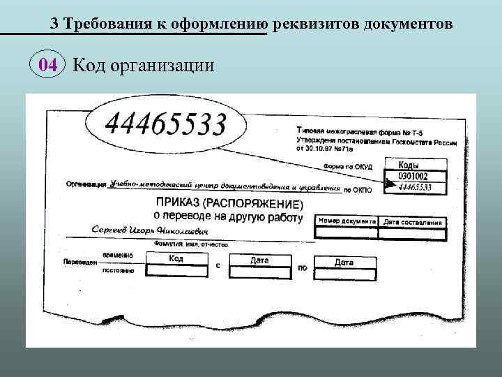 3 Требования к оформлению реквизитов документов 04 Код организации 