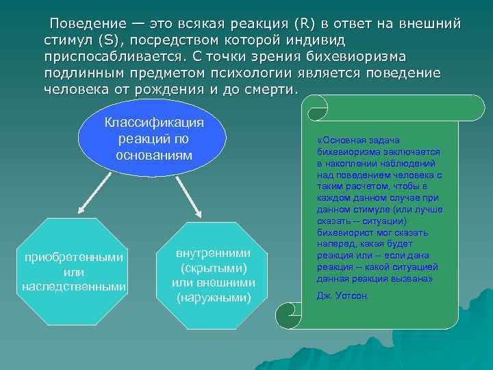 Поведение — это всякая реакция (R) в ответ на внешний стимул (S), посредством которой