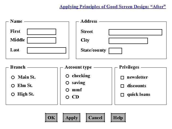 Applying Principles of Good Screen Design: “After” Name Address First Street Middle City Last