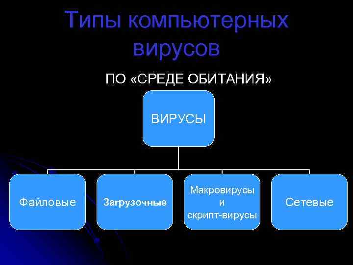Типы компьютерных вирусов ПО «СРЕДЕ ОБИТАНИЯ» ВИРУСЫ Файловые Загрузочные Макровирусы и скрипт-вирусы Сетевые 