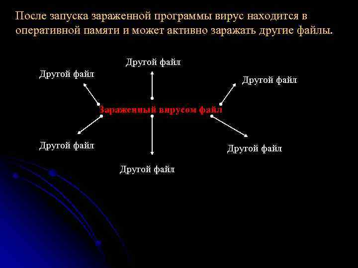 После запуска зараженной программы вирус находится в оперативной памяти и может активно заражать другие