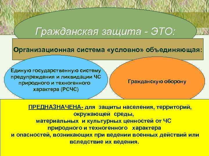 Гражданская защита - ЭТО: Организационная система «условно» объединяющая: Единую государственную систему предупреждения и ликвидации