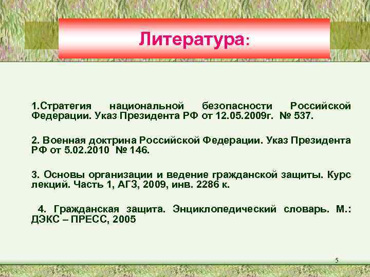 Литература: 1. Стратегия национальной безопасности Российской Федерации. Указ Президента РФ от 12. 05. 2009