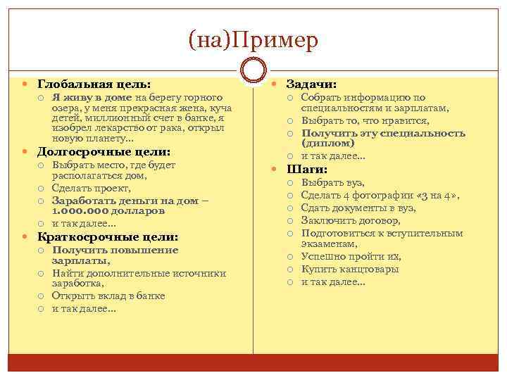 (на)Пример Глобальная цель: Я живу в доме на берегу горного озера, у меня прекрасная