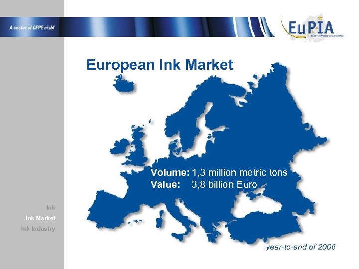 European Ink Market Volume: 1, 3 million metric tons Value: 3, 8 billion Euro