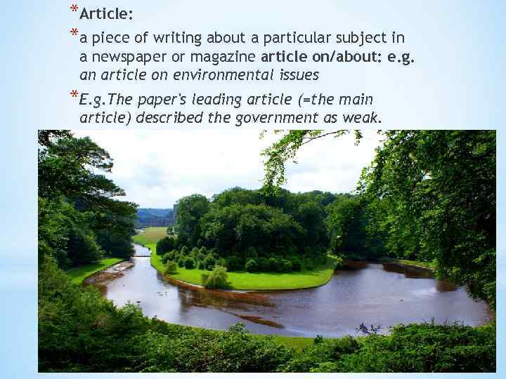 *Article: *a piece of writing about a particular subject in a newspaper or magazine