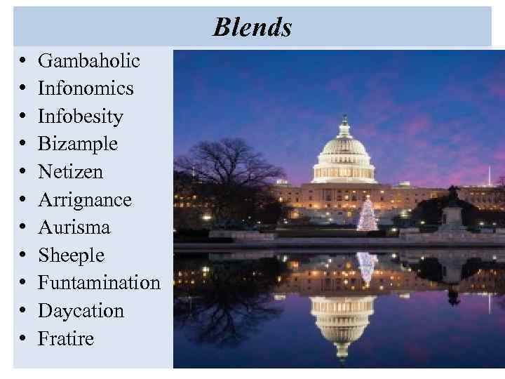 Blends • • • Gambaholic Infonomics Infobesity Bizample Netizen Arrignance Aurisma Sheeple Funtamination Daycation