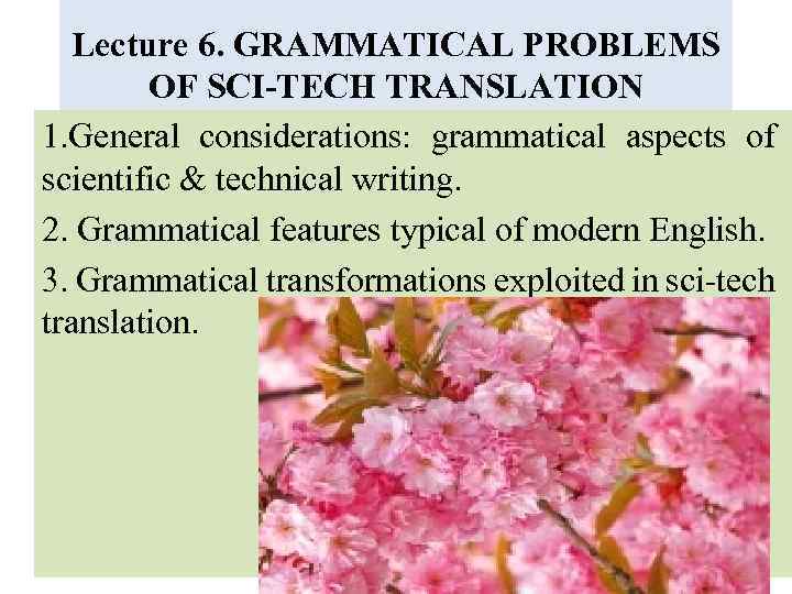 Lecture 6. GRAMMATICAL PROBLEMS OF SCI-TECH TRANSLATION 1. General considerations: grammatical aspects of scientific