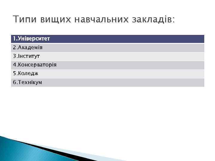 Типи вищих навчальних закладів: 1. Університет 2. Академія 3. Інститут 4. Консерваторія 5. Коледж