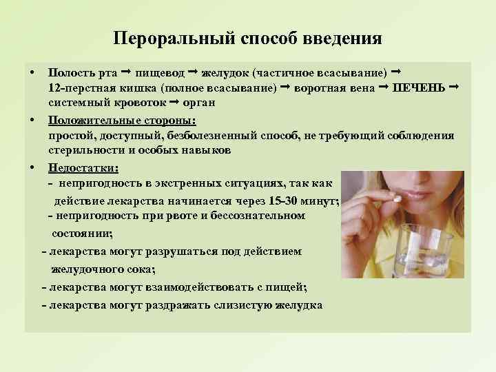 Пероральный способ введения • Полость рта пищевод желудок (частичное всасывание) 12 -перстная кишка (полное