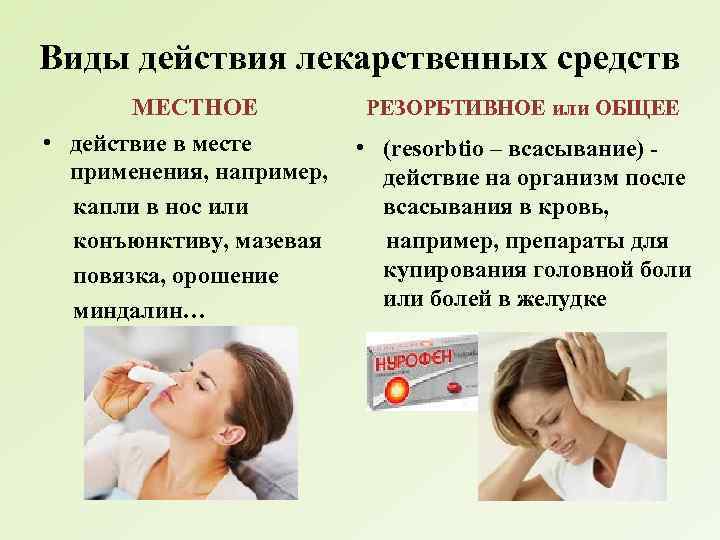 Виды действия лекарственных средств МЕСТНОЕ • действие в месте применения, например, капли в нос