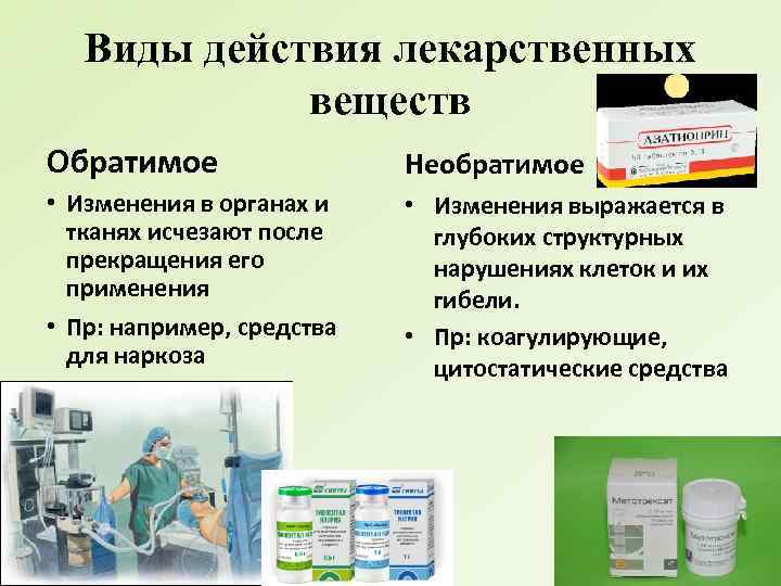 Виды действия лекарственных веществ Обратимое Необратимое • Изменения в органах и тканях исчезают после