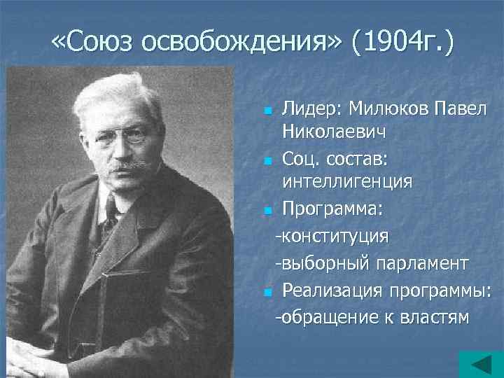  «Союз освобождения» (1904 г. ) Лидер: Милюков Павел Николаевич n Соц. состав: интеллигенция