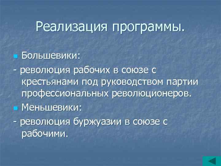 Реализация программы. Большевики: - революция рабочих в союзе с крестьянами под руководством партии профессиональных