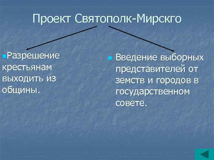Проект Святополк-Мирскго n. Разрешение крестьянам выходить из общины. n Введение выборных представителей от земств