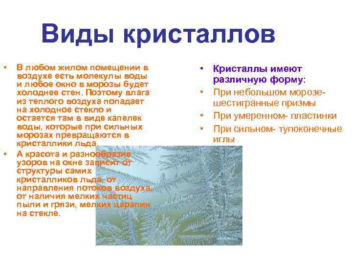 Виды кристаллов • • В любом жилом помещении в воздухе есть молекулы воды и