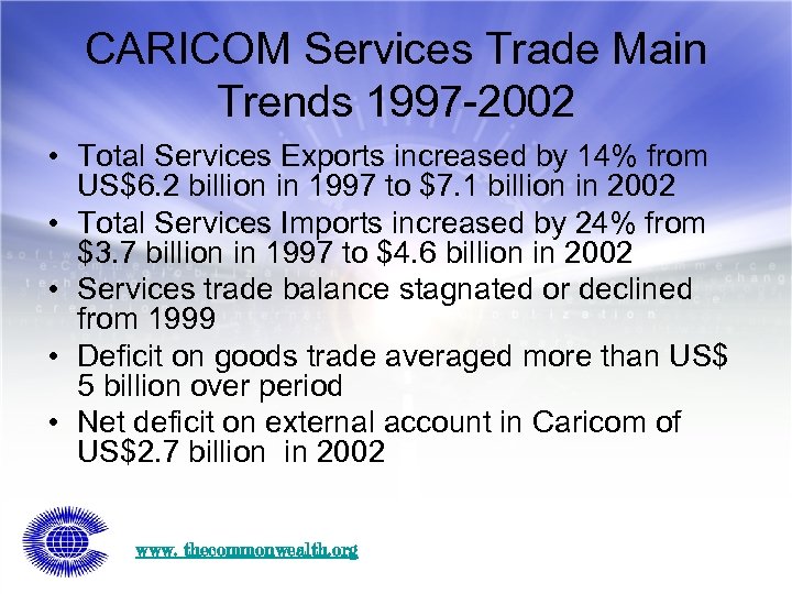 CARICOM Services Trade Main Trends 1997 -2002 • Total Services Exports increased by 14%