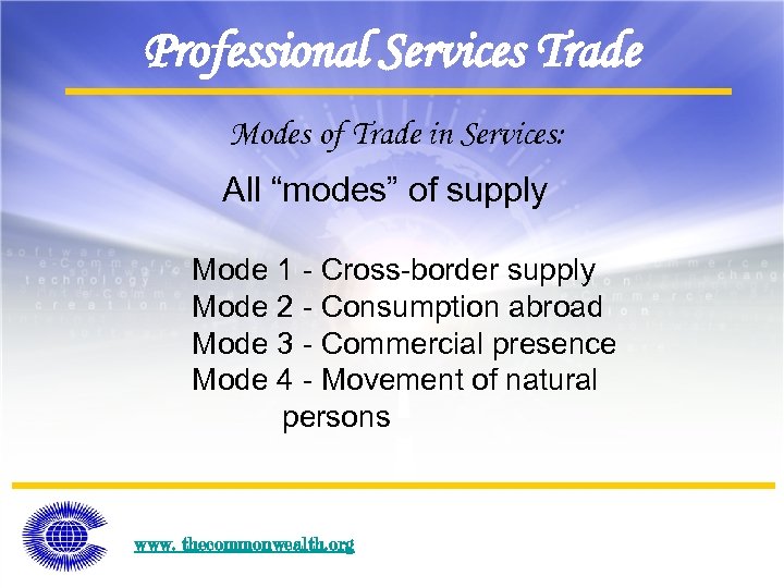 Professional Services Trade Modes of Trade in Services: All “modes” of supply Mode 1