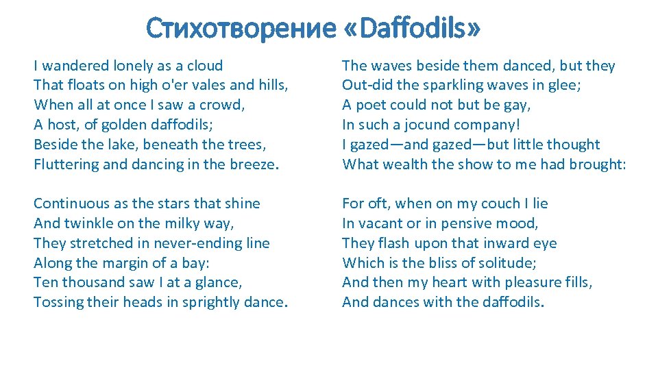 Стихотворение «Daffodils» I wandered lonely as a cloud That floats on high o'er vales