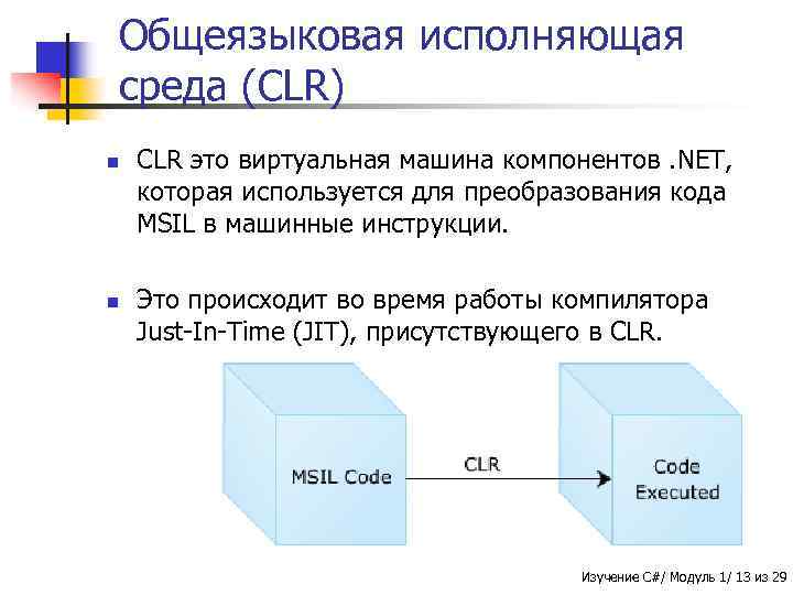 Общеязыковая исполняющая среда (CLR) n n CLR это виртуальная машина компонентов. NET, которая используется