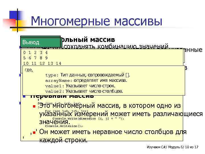 Многомерные массивы n Прямоугольный Пример Вывод Синтаксис массив n Позволяют сохранять комбинацию значений class