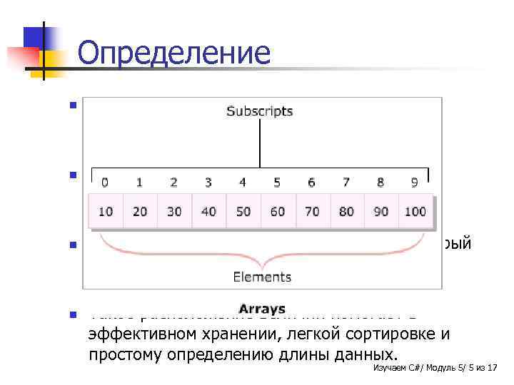 Определение n n Массив всегда хранит значения одного типа данных. Каждое значение рассматривается как