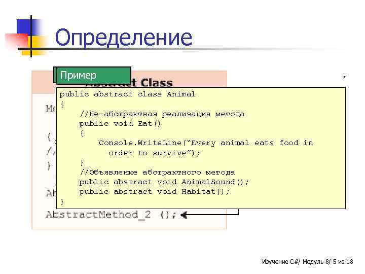 Определение n Абстрактный Синтаксис Пример класс может реализовывать методы, аналогичные для Animal public abstract