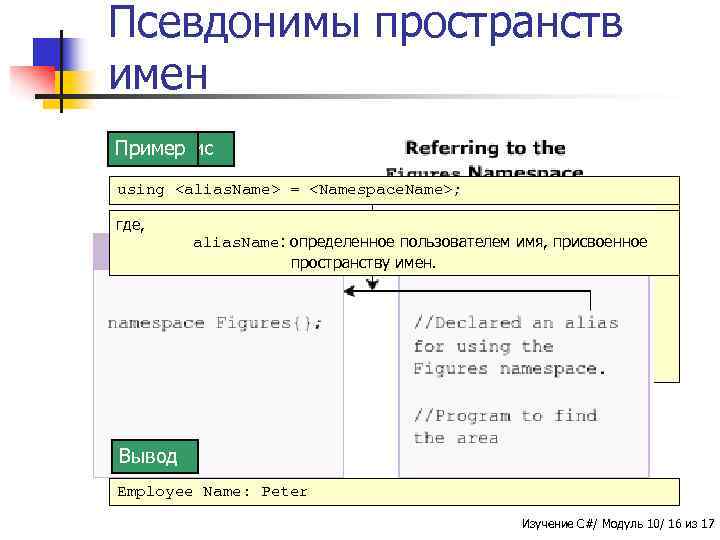 Псевдонимы пространств имен n n Псевдонимы Пример Синтаксис (алиасы) - временные алтернативные имена, указывающие