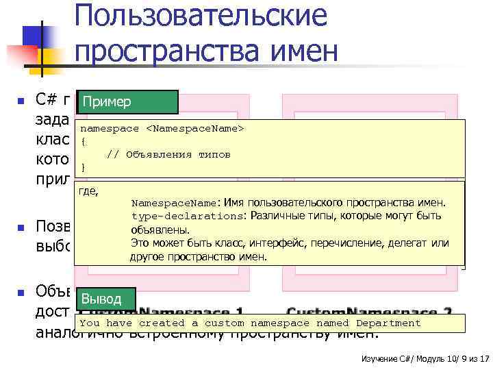 Пользовательские пространства имен n C# позволяет создавать пространства имен с Синтаксис Пример заданными именами