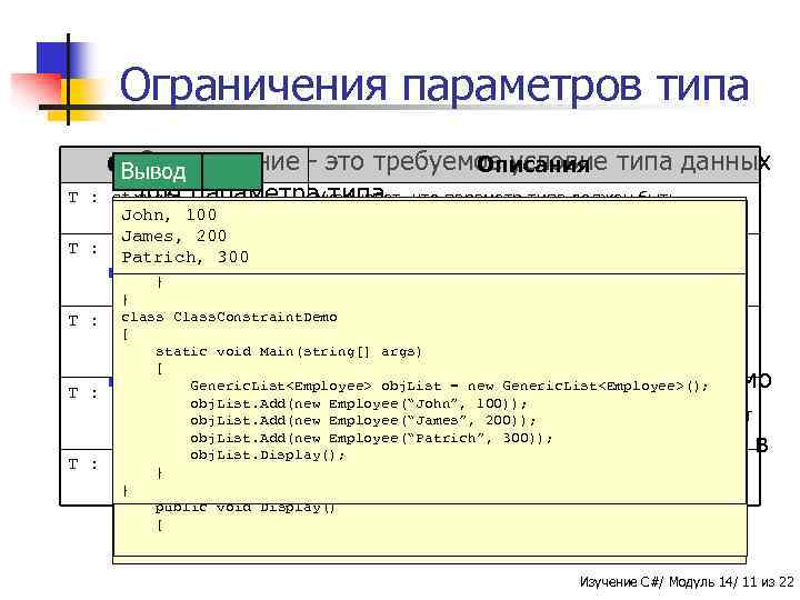 Ограничения параметров типа n Ограничение Ограничения Вывод Пример T : T : - это