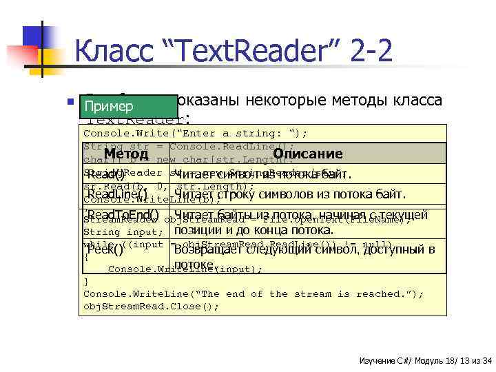 Класс “Text. Reader” 2 -2 n В таблице Пример показаны некоторые методы класса Text.