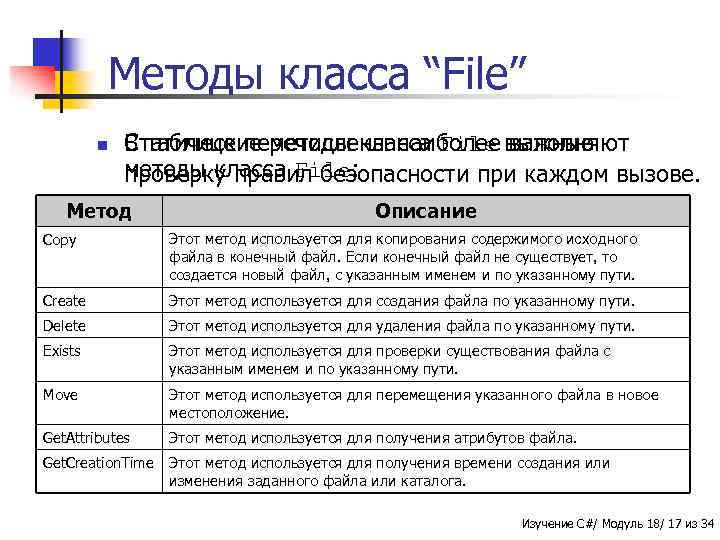 Методы класса “File” n Статические методы класса File важные В таблице перечислены наиболее выполняют