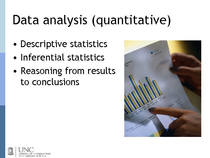 Data analysis (quantitative) • Descriptive statistics • Inferential statistics • Reasoning from results to