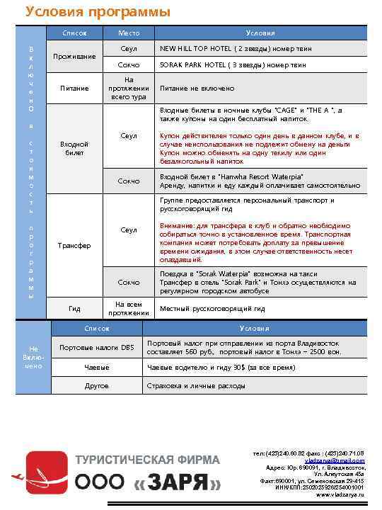 Условия программы Список В к л ю ч е н О Место Сеул Проживание