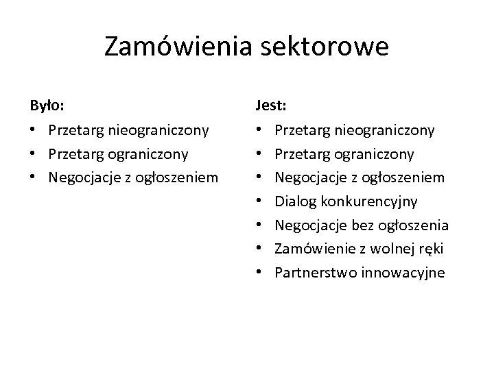 Zamówienia sektorowe Było: Jest: • Przetarg nieograniczony • Przetarg ograniczony • Negocjacje z ogłoszeniem