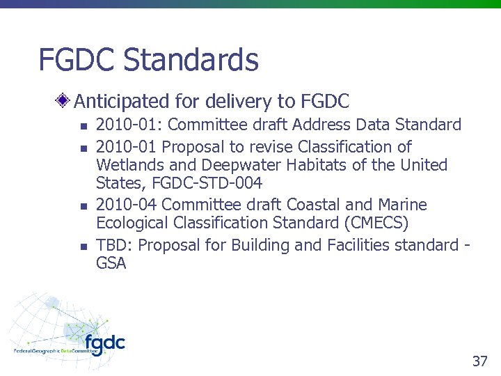 FGDC Standards Anticipated for delivery to FGDC n n 2010 -01: Committee draft Address