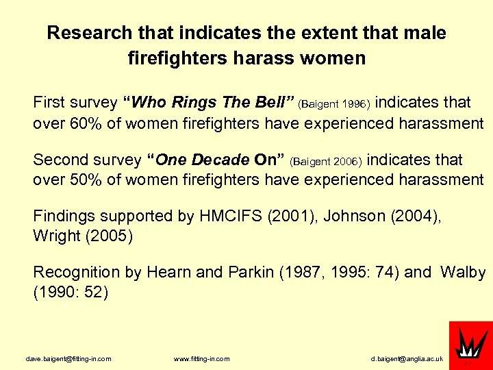 Research that indicates the extent that male firefighters harass women First survey “Who Rings