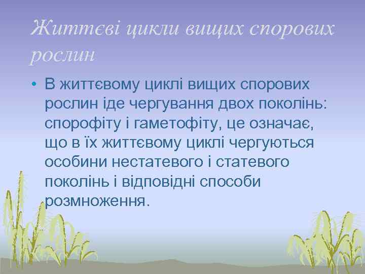 Життєві цикли вищих спорових рослин • В життєвому циклі вищих спорових рослин іде чергування