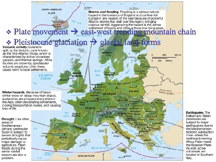 Plate movement east-west trending mountain chain v Pleistocene glaciation glacial land forms v 