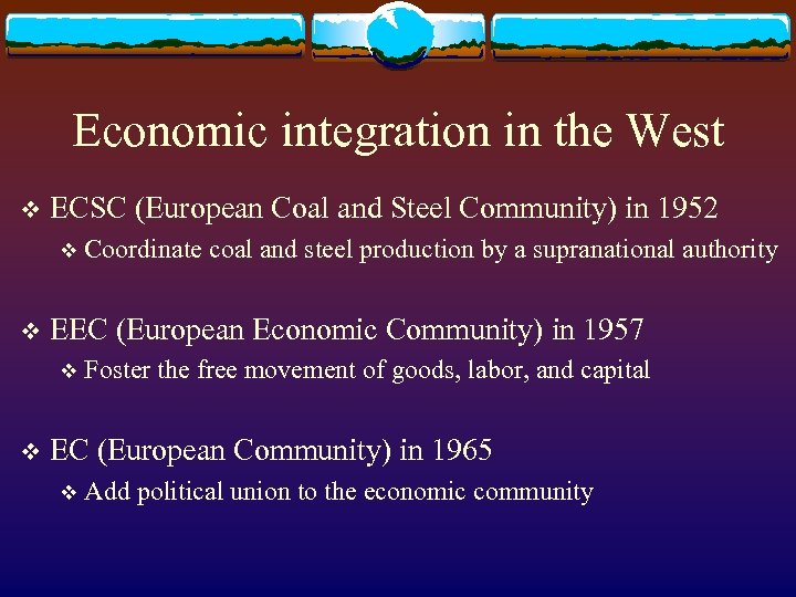 Economic integration in the West v ECSC (European Coal and Steel Community) in 1952