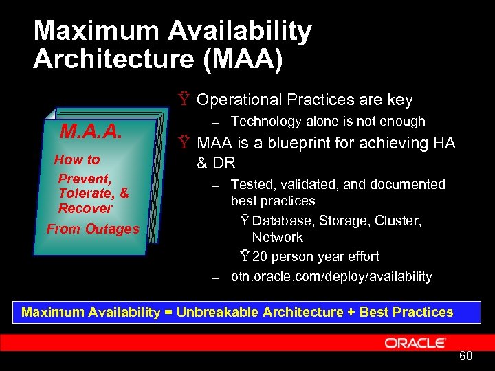 Maximum Availability Architecture (MAA) Ÿ Operational Practices are key M. A. A. How to