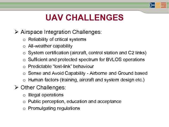 UAV CHALLENGES Ø Airspace Integration Challenges: o o o o Reliability of critical systems