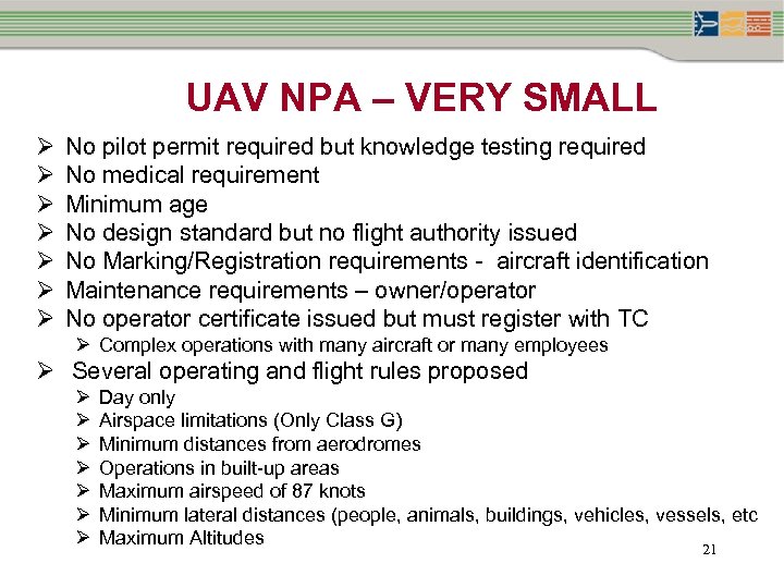UAV NPA – VERY SMALL Ø Ø Ø Ø No pilot permit required but