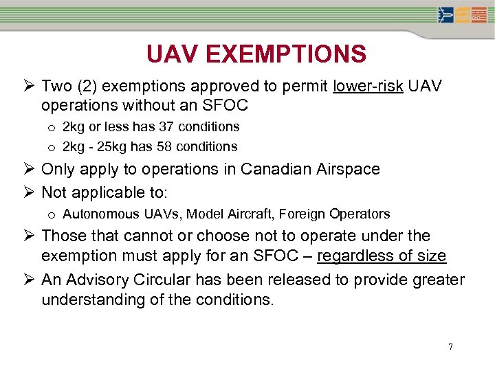 UAV EXEMPTIONS Ø Two (2) exemptions approved to permit lower-risk UAV operations without an
